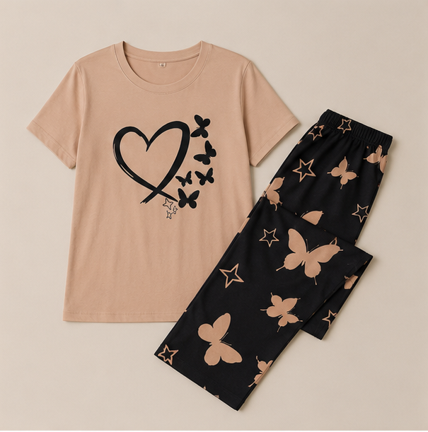 Heart & Butterfly Printed Night Suit