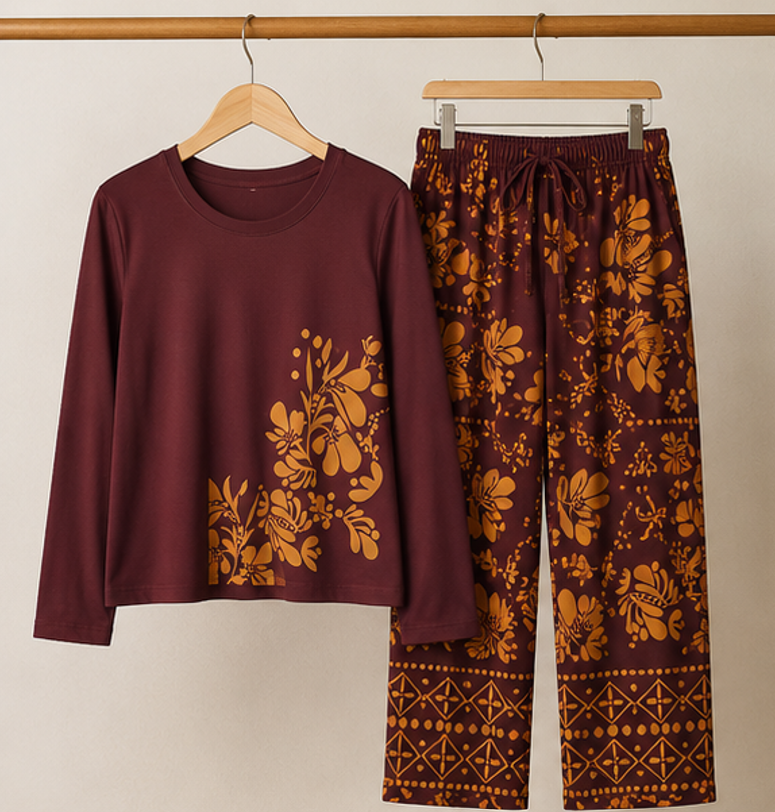 Maroon Leaves Printed Night Suit