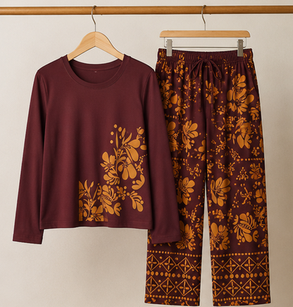 Maroon Leaves Printed Night Suit