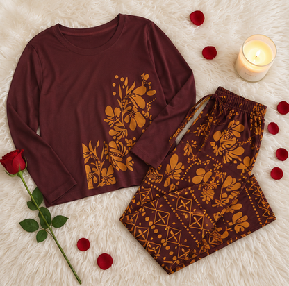 Maroon Leaves Printed Night Suit
