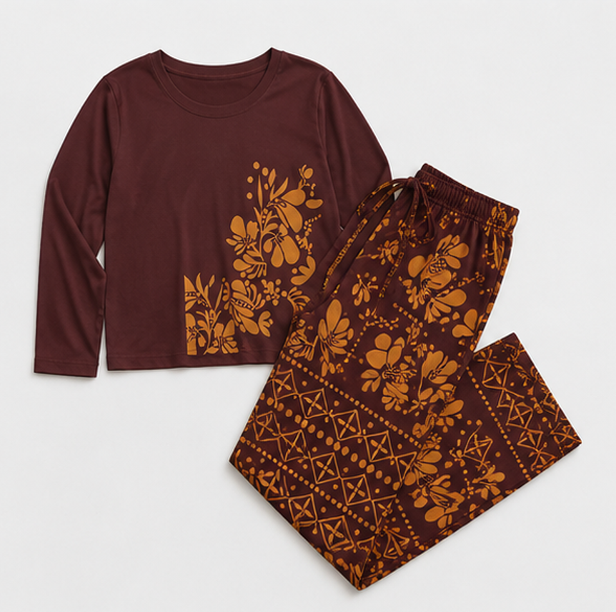Maroon Leaves Printed Night Suit