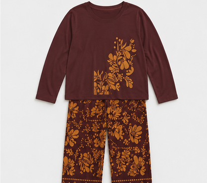 Maroon Leaves Printed Night Suit