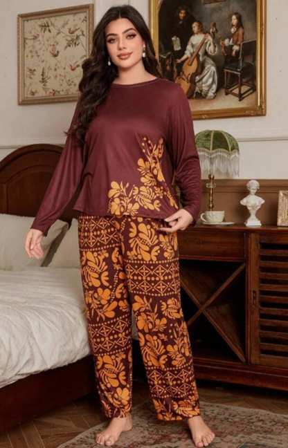 Maroon Leaves Printed Night Suit