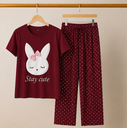 Maroon Stay Cute Printed Night Suit