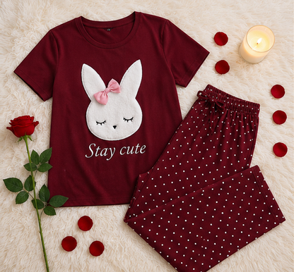 Maroon Stay Cute Printed Night Suit