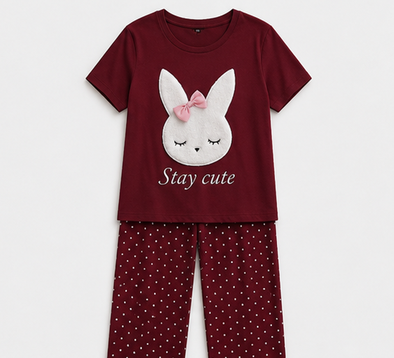 Maroon Stay Cute Printed Night Suit