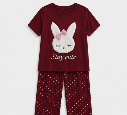 Maroon Stay Cute Printed Night Suit