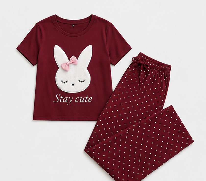 Maroon Stay Cute Printed Night Suit