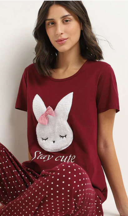 Maroon Stay Cute Printed Night Suit
