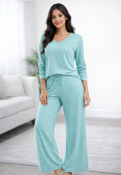 Mint Green V-Neck Women Night Suit PJ Set