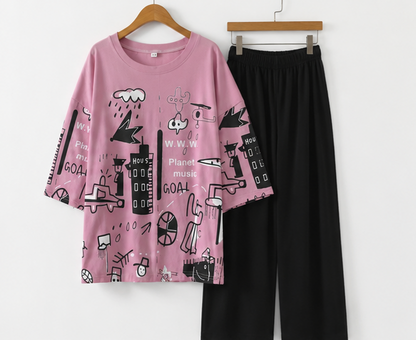 Pink Planet Music With Black Pajama Printed Night Suit