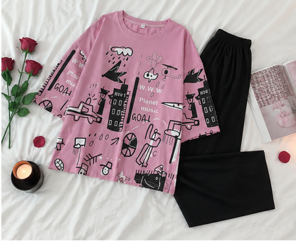 Pink Planet Music With Black Pajama Printed Night Suit