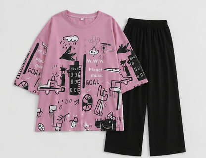 Pink Planet Music With Black Pajama Printed Night Suit