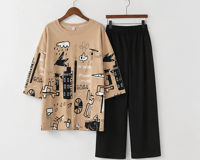 Planet Music With Black Pajama Printed Night Suit