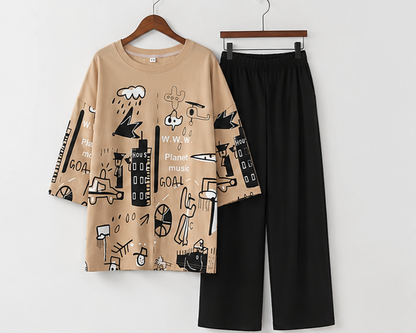 Planet Music With Black Pajama Printed Night Suit