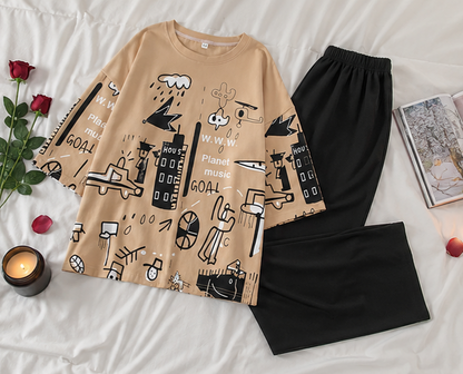 Planet Music With Black Pajama Printed Night Suit