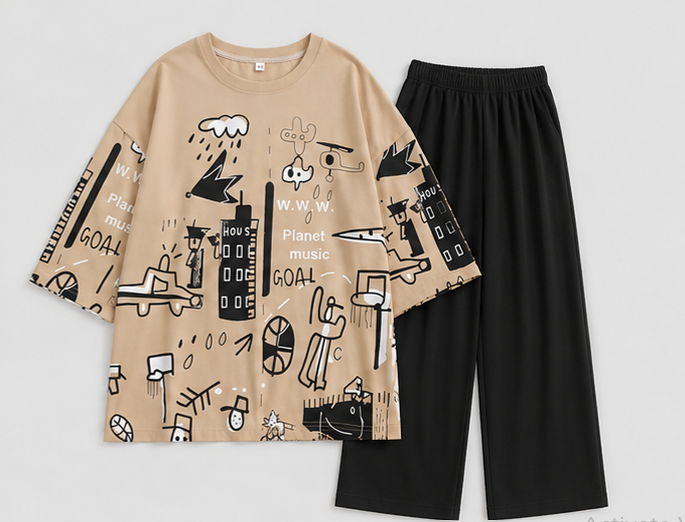 Planet Music With Black Pajama Printed Night Suit