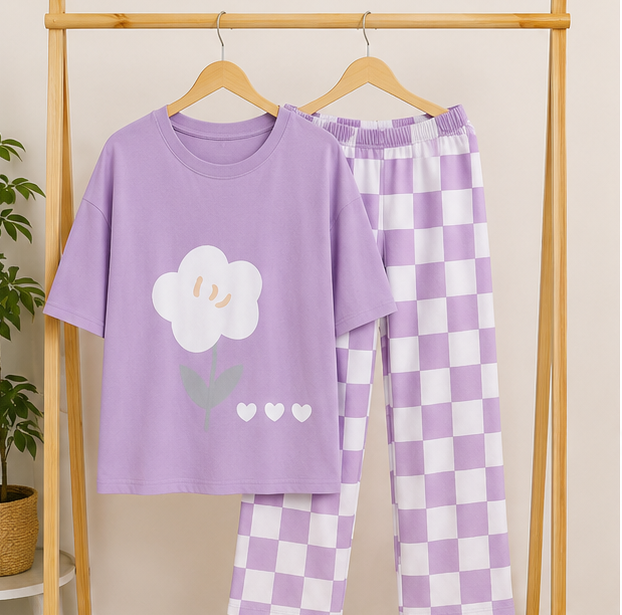 Purple Flower Printed Night Suit