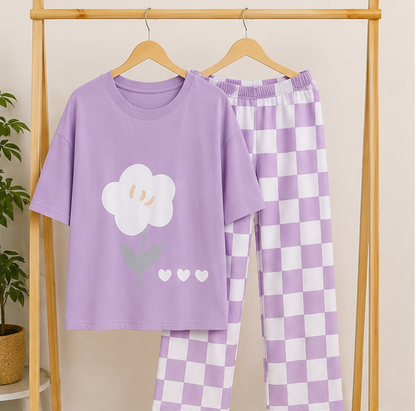 Purple Flower Printed Night Suit