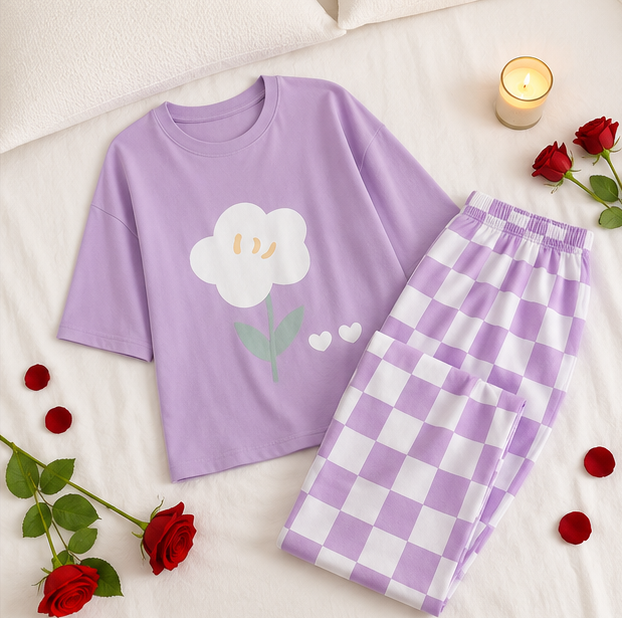 Purple Flower Printed Night Suit