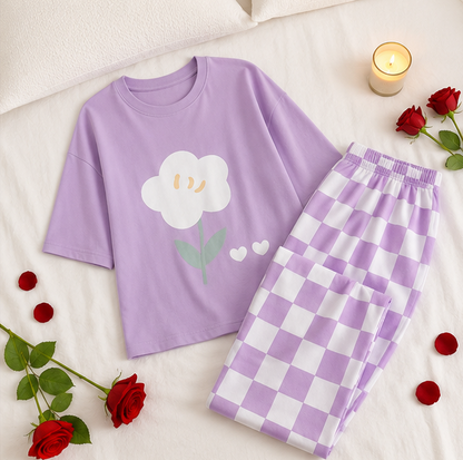 Purple Flower Printed Night Suit