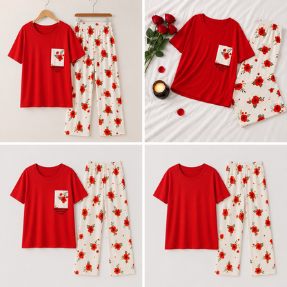 Red Pocket Flower printed Night Suit