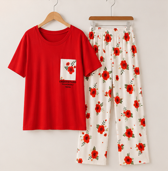 Red Pocket Flower printed Night Suit