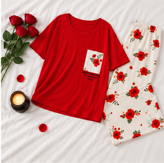 Red Pocket Flower printed Night Suit