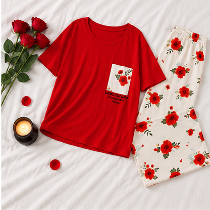 Red Pocket Flower printed Night Suit
