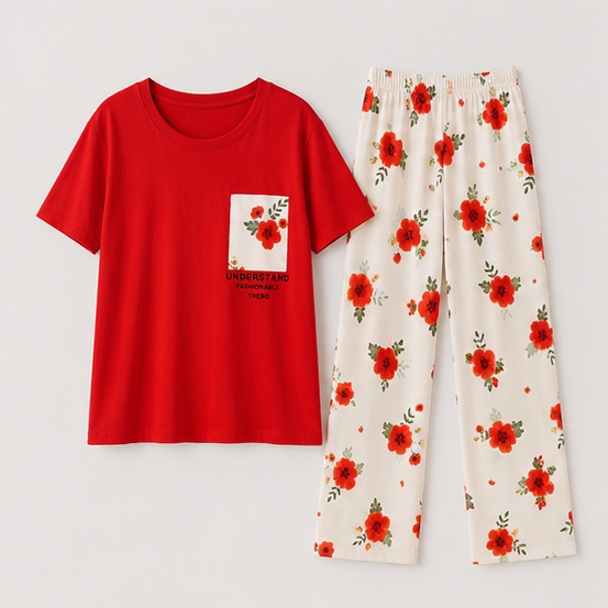 Red Pocket Flower printed Night Suit