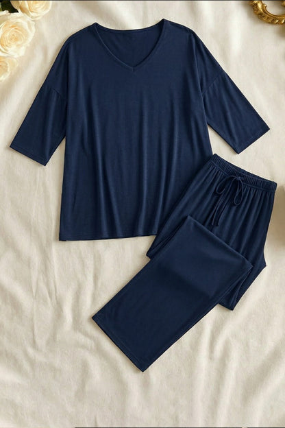 V-Neck Navy Blue Women Night Suit PJ Set