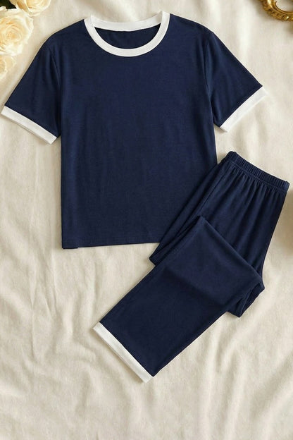 Plain Blue T-Shirt with White Round Neck and Plazo Pajama