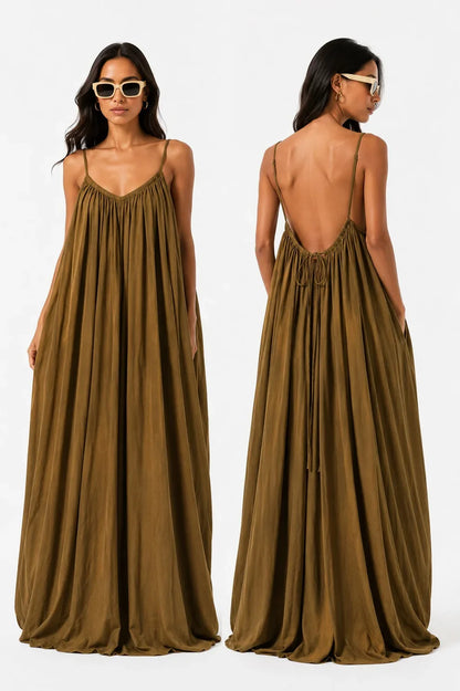 Premium Gathered Cotton Jersey Maxi Dress – Spaghetti Strap Long Backless Cami (Summer | Maternity | Nightwear Comfort Fit)