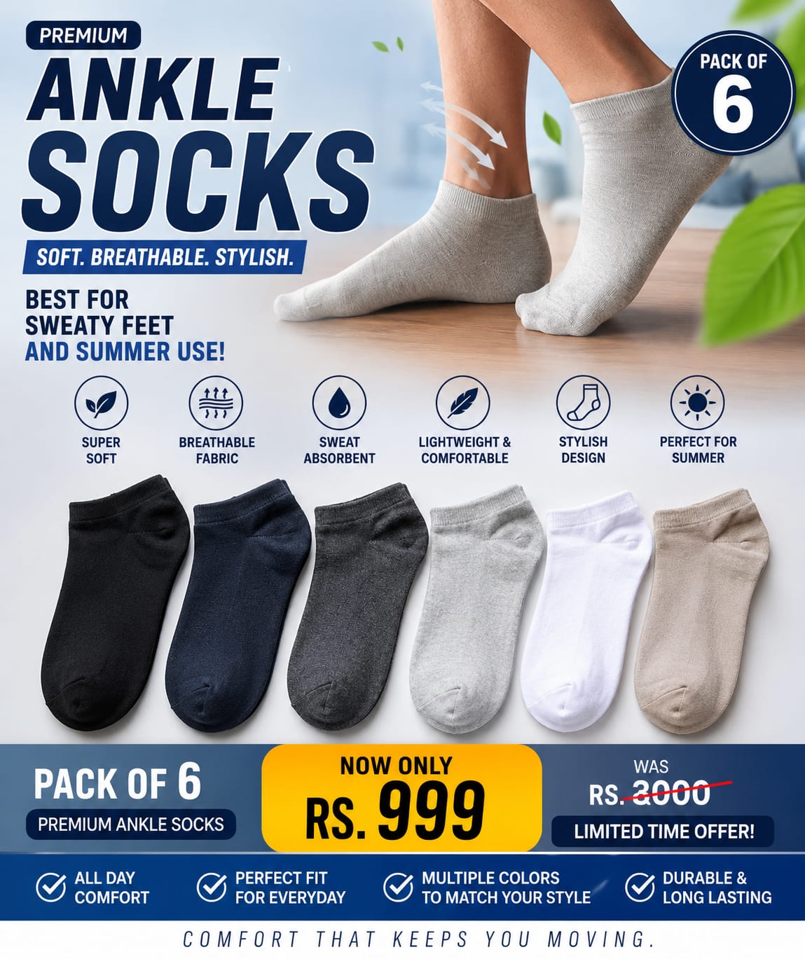 Premium Ankle Socks – Pack of 6 (Mixed Colors)