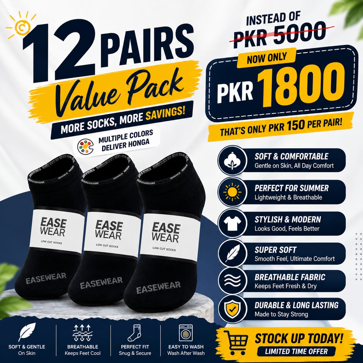 Premium Ankle Socks – Pack of 12 (Mixed Colors)
