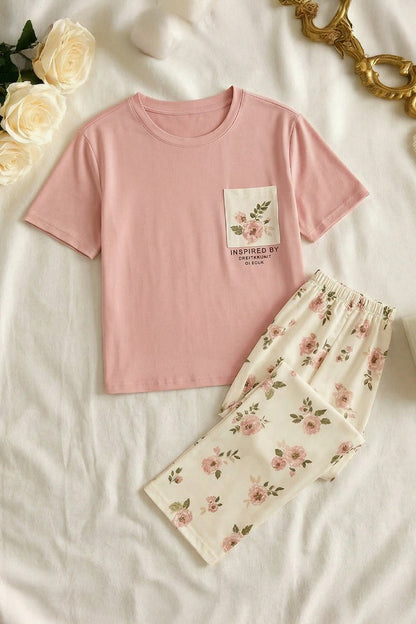 Pink Flower Printed Pocket Half Sleeves Shirt and White Flower Printed Trouser Night Wear