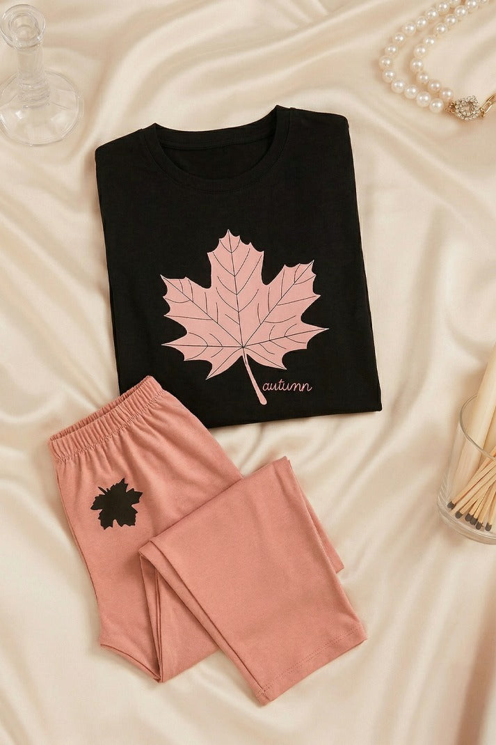 Leaf Printed Black Shirt And Pink Trouser