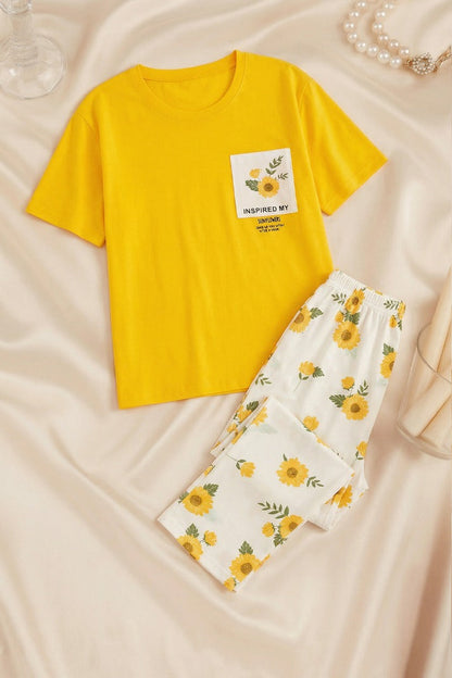 Yellow Flower Printed Pocket Half Sleeves Shirt and White Flower Printed Trouser Night Wear