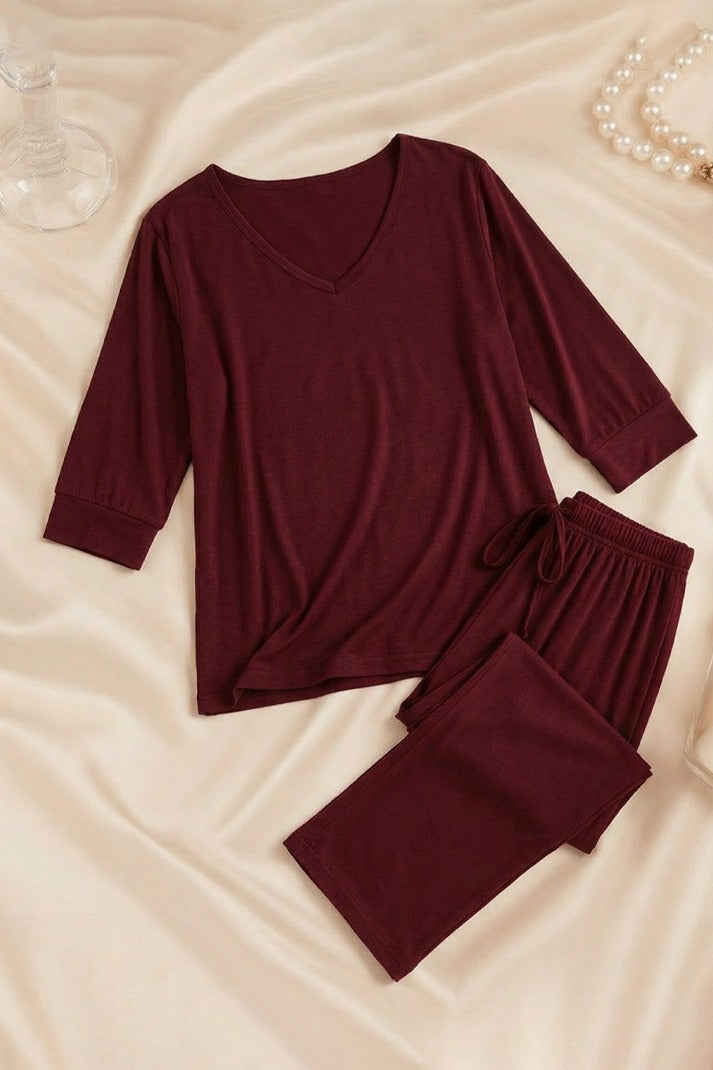 Maroon V-Neck Women Night Suit PJ Set