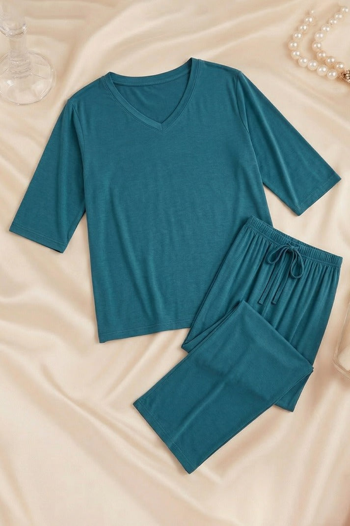 Persian Blue V-Neck Women Night Suit PJ Set