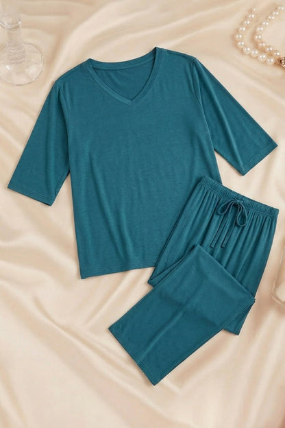 Persian Blue V-Neck Women Night Suit PJ Set