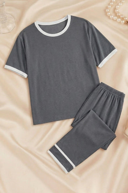 Grey White Round Neck Plazzo PJ Set