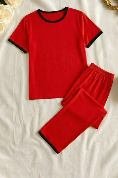 Plain Red Tshirt With Black Round Neck And Plazo Pajama (Half Seleeve)