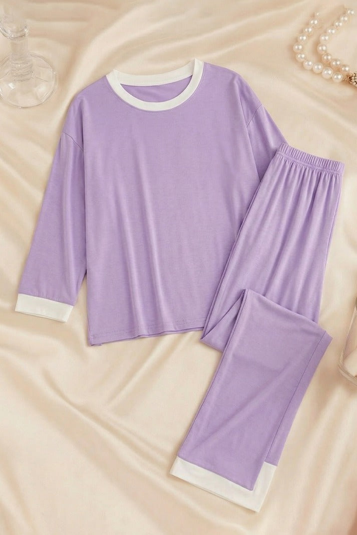 Purple White Round Neck Plazzo PJ Set