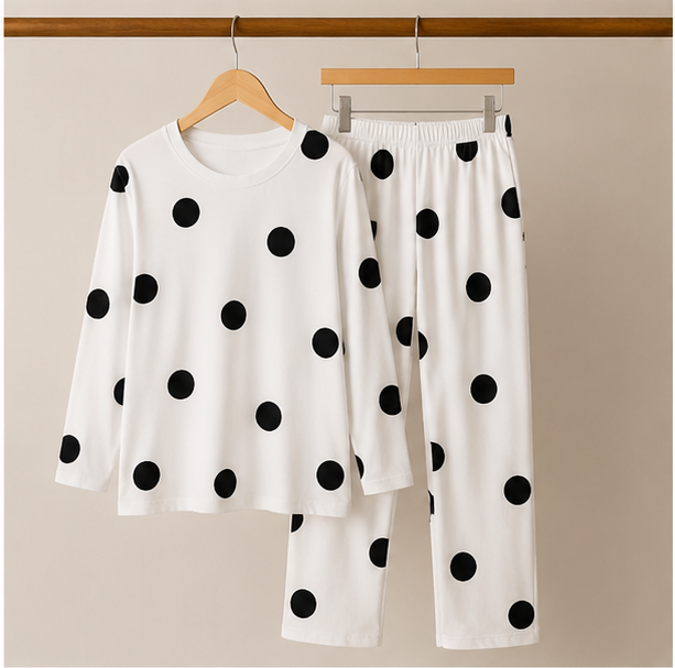 White Black Dotted Printed Night Suit