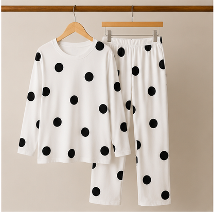 White Black Dotted Printed Night Suit
