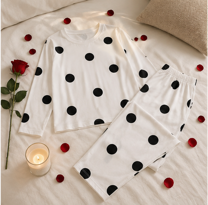 White Black Dotted Printed Night Suit