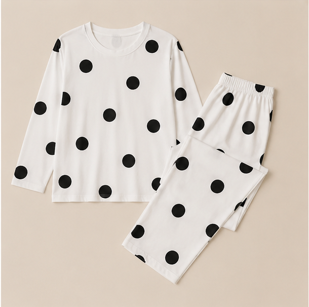 White Black Dotted Printed Night Suit