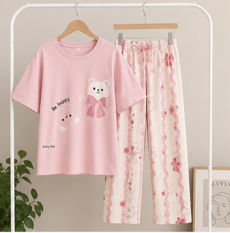 Pink Cute Bear Printed Night suit
