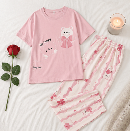 Pink Cute Bear Printed Night suit
